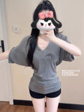 Lazy Wind Loose Thin V-Neck Short-Sleeved T-Shirt Girl 2025 New Bat Sleeves With Fashion Temperament