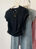 Grey Shoulder Short-Sleeved T-Shirt Women 2025 Summer New Folds To Receive Skinny Hottie Short Cotton Top